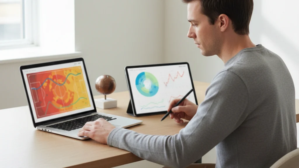 Persona che consulta grafici e statistiche di calcio su tablet e laptop alla scrivania