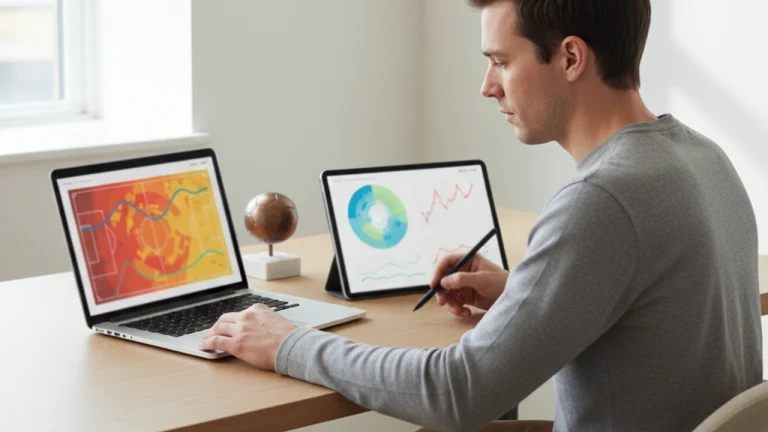 Persona che consulta grafici e statistiche di calcio su tablet e laptop alla scrivania