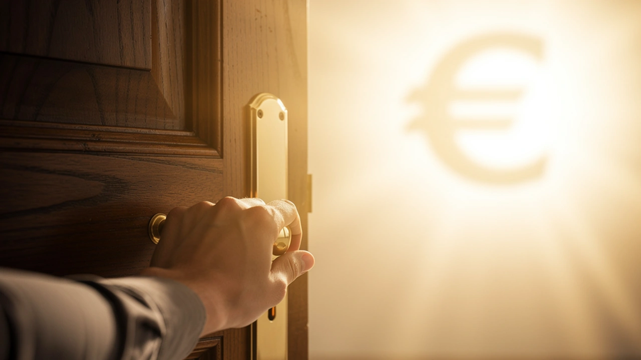 Mano che apre una porta luminosa con il simbolo € che rappresenta un'offerta di benvenuto