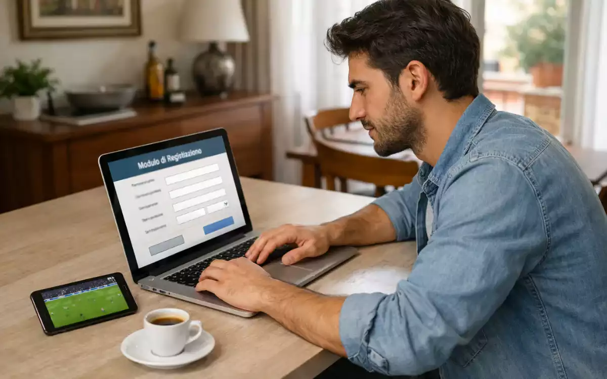 Persona al computer che completa la registrazione su un sito di scommesse sportive