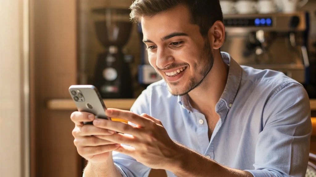 Giovane uomo sorridente che scopre un bonus sul proprio smartphone in un bar italiano