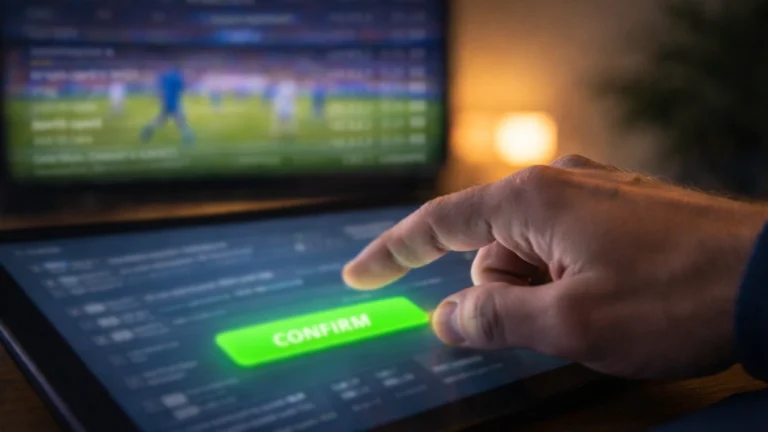 Mano che preme un pulsante verde luminoso su uno schermo durante una partita di calcio