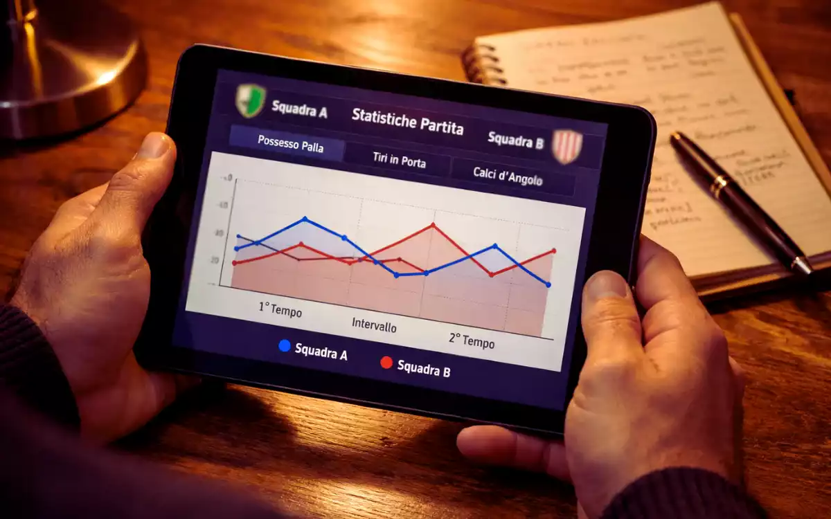 Persona che analizza statistiche di calcio su tablet