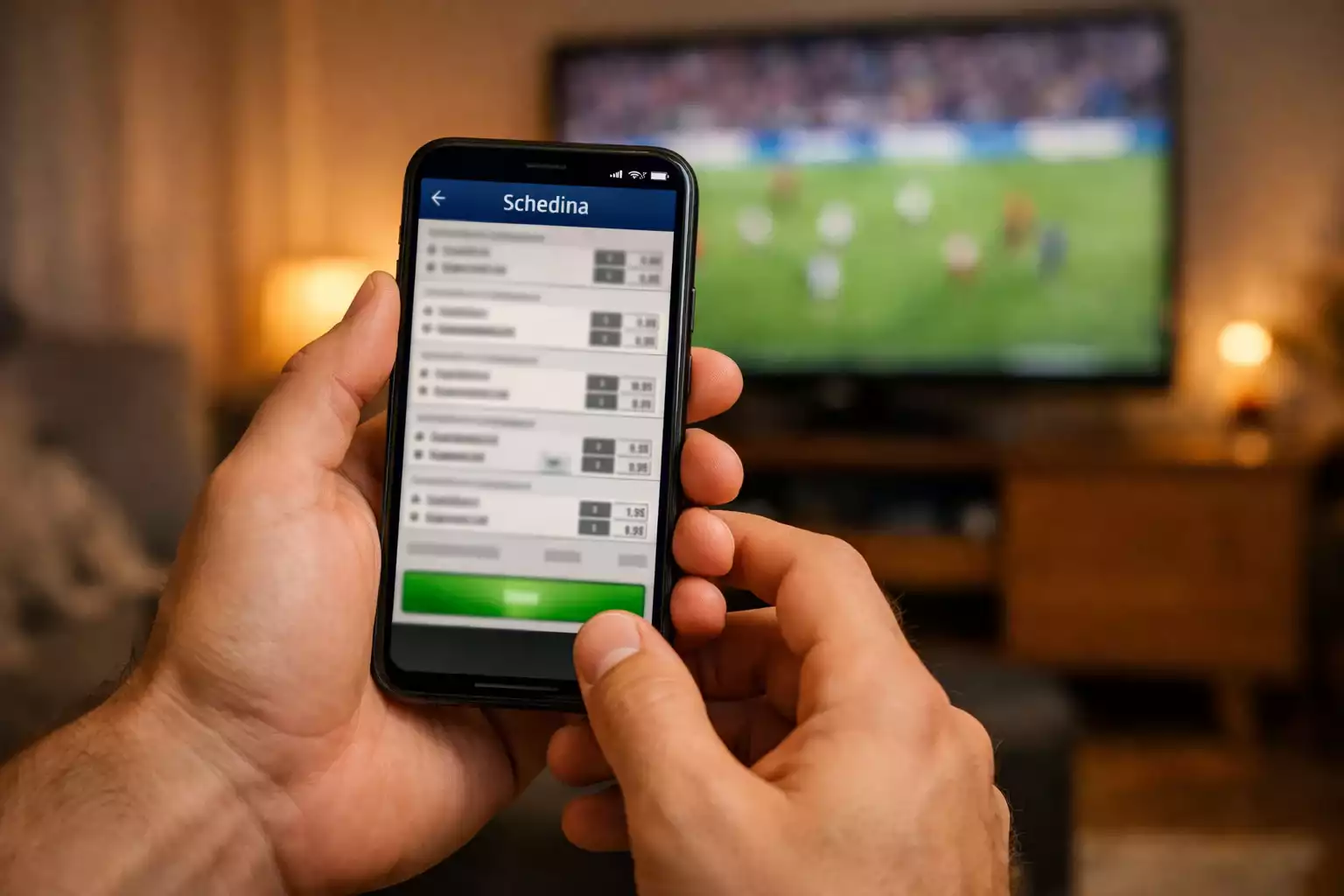 Mani che tengono smartphone con schedina scommesse