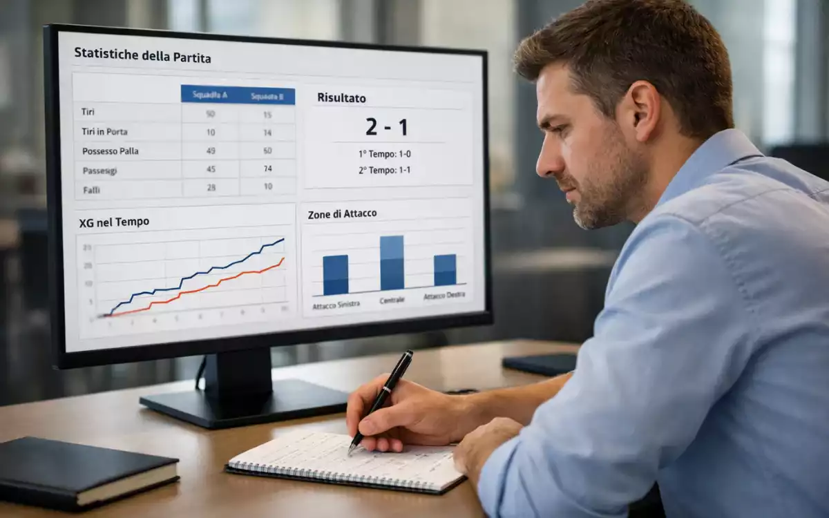Analista di pronostici calcio al lavoro con statistiche su schermo