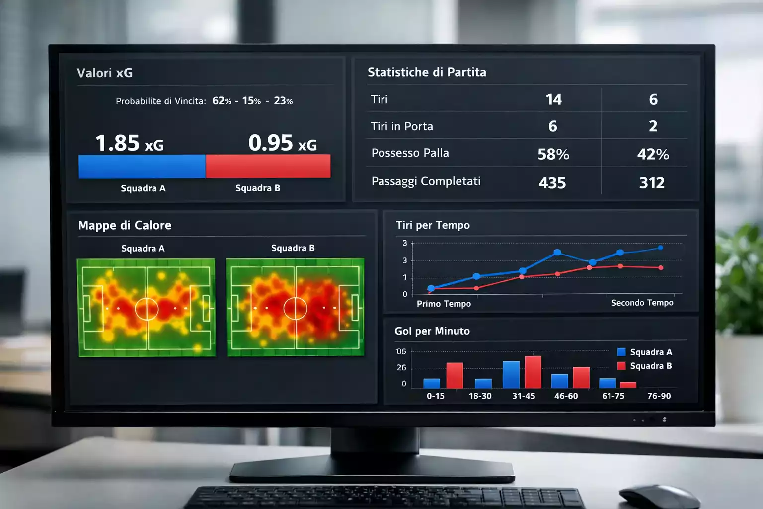 Schermo con statistiche avanzate di una partita di calcio