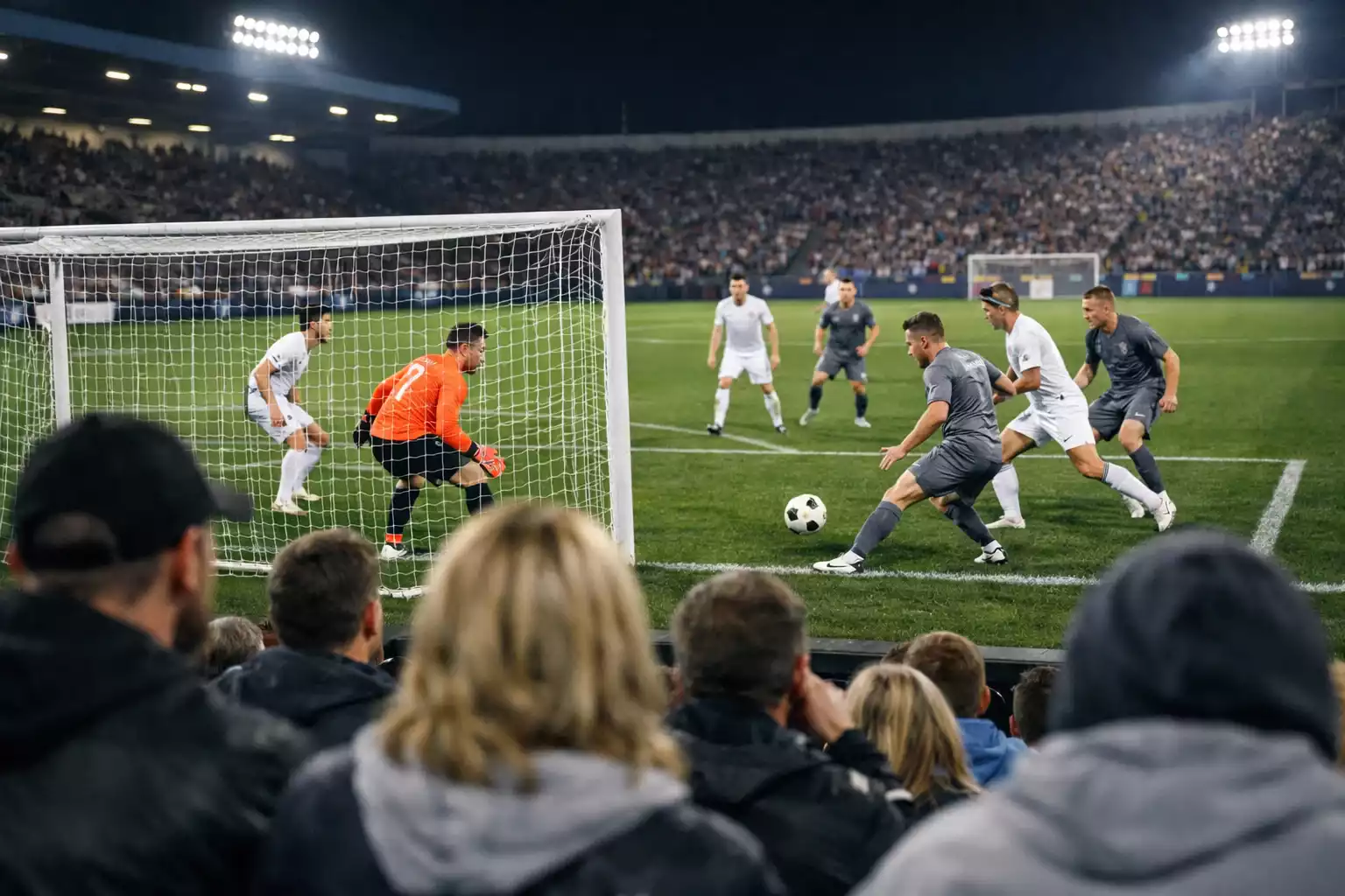Tifosi allo stadio seguono partita di calcio dal vivo
