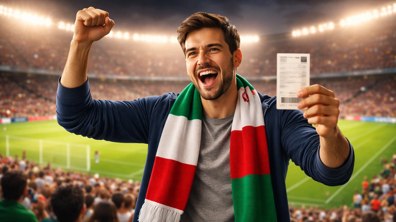 Tifoso di calcio che esulta allo stadio con un biglietto omaggio in mano
