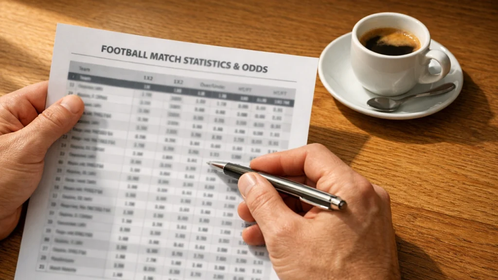 Persona che analizza statistiche di calcio su un foglio con penna in mano