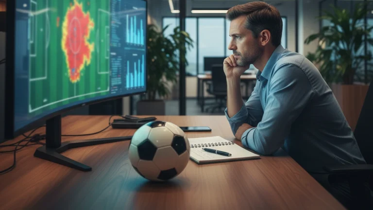 Analista sportivo che studia statistiche di calcio su un grande schermo in ufficio