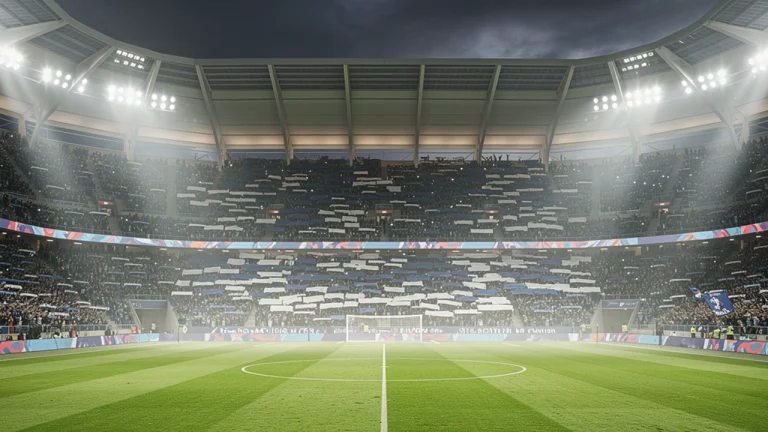Vista notturna di un grande stadio europeo illuminato durante una partita di Champions League con campo in erba
