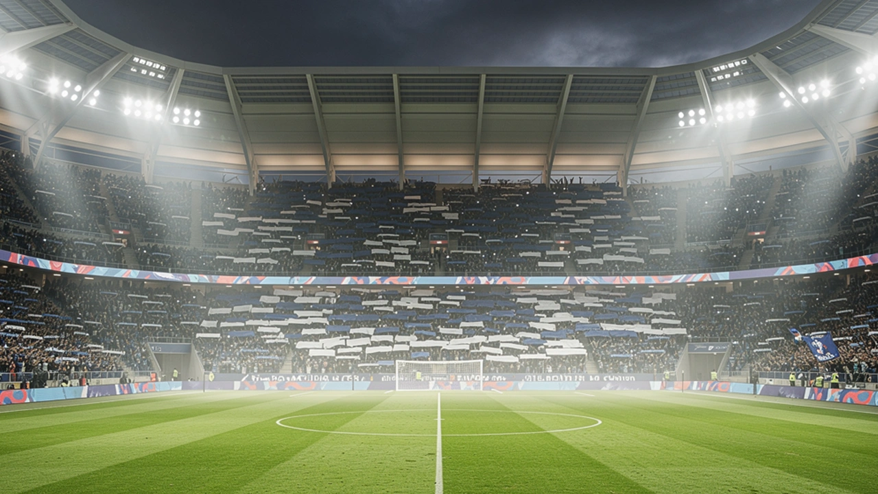 Vista notturna di un grande stadio europeo illuminato durante una partita di Champions League con campo in erba