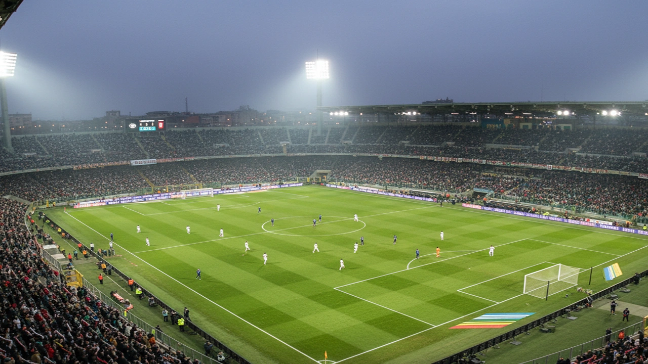 Panoramica di uno stadio di Serie A con campo in erba naturale durante una partita serale sotto i riflettori