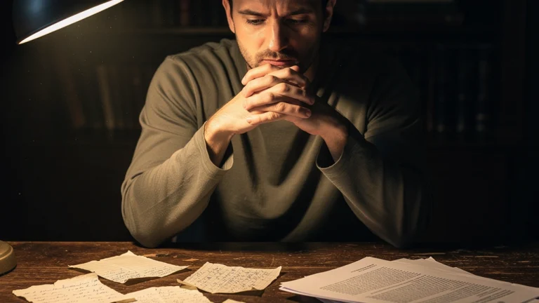 Persona pensierosa seduta a una scrivania con fogli e appunti sparsi davanti a sé