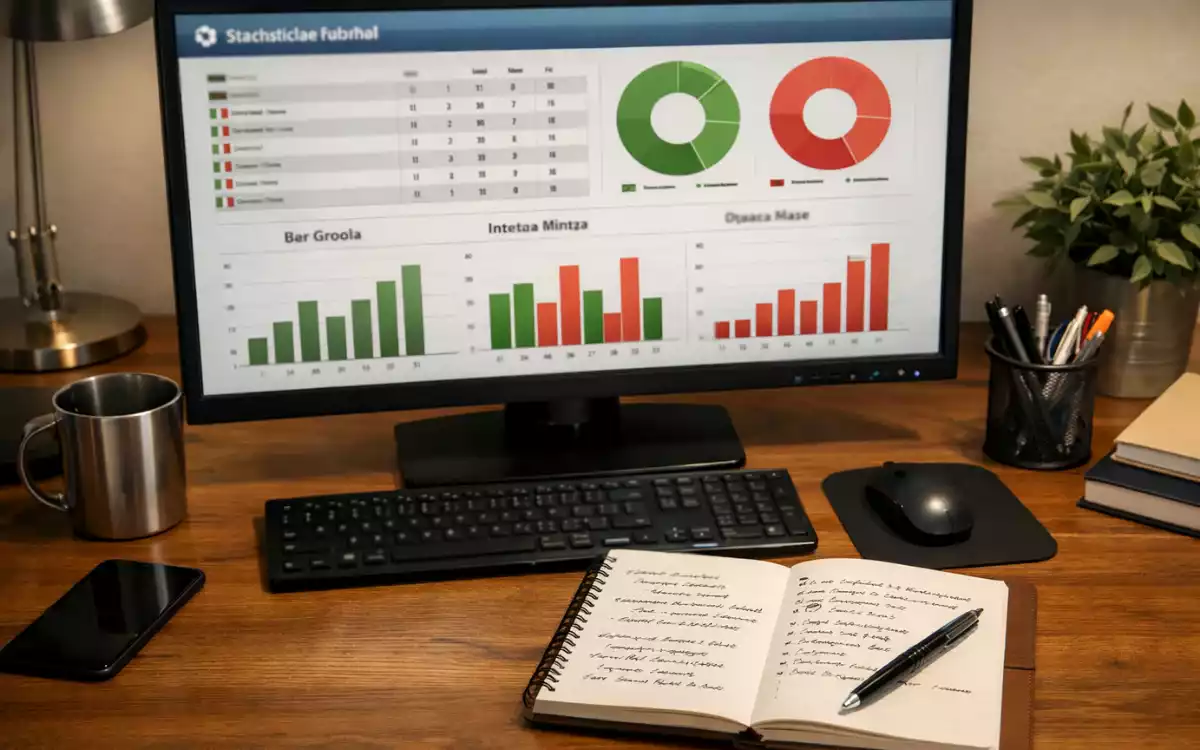 Analista sportivo studia statistiche e quote su uno schermo con dati delle partite