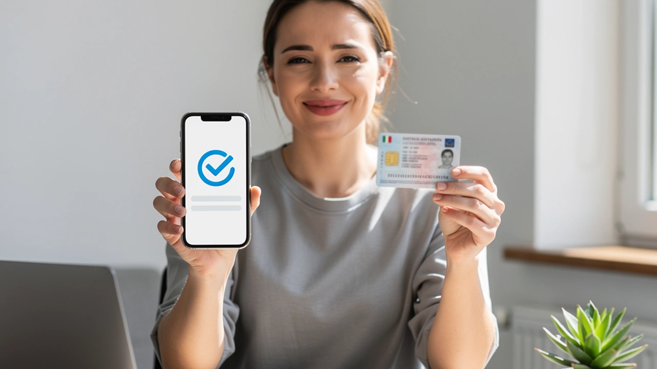 Persona che effettua una registrazione digitale rapida tramite smartphone con identità verificata