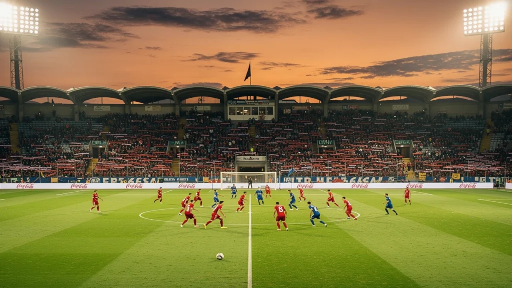 Tifosi allo stadio di calcio che guardano una partita serale sotto i riflettori