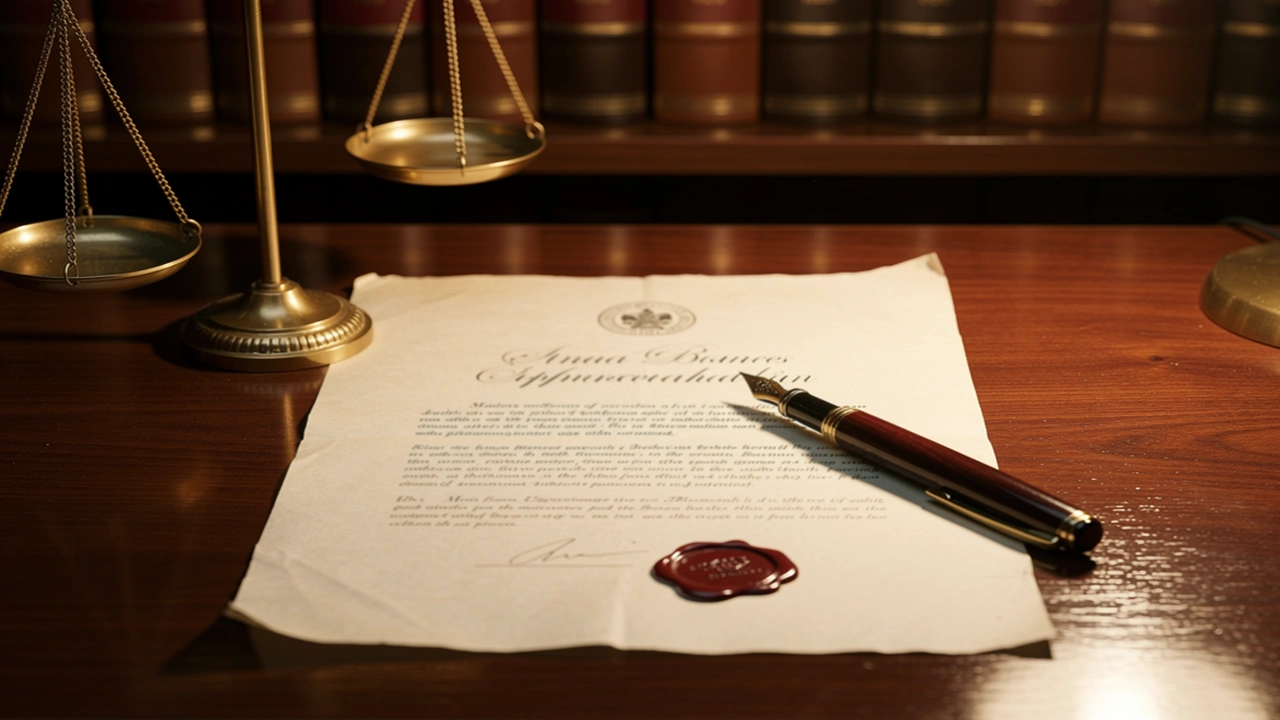 Documento legale con timbro ufficiale su una scrivania in legno accanto a una bilancia della giustizia