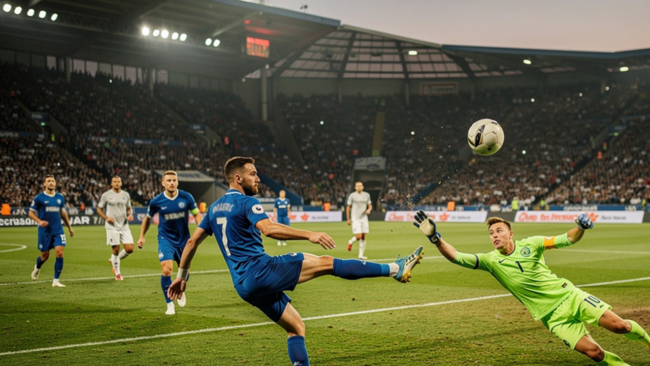 Due squadre di calcio in azione su campo in erba con un attaccante che tira verso la porta avversaria