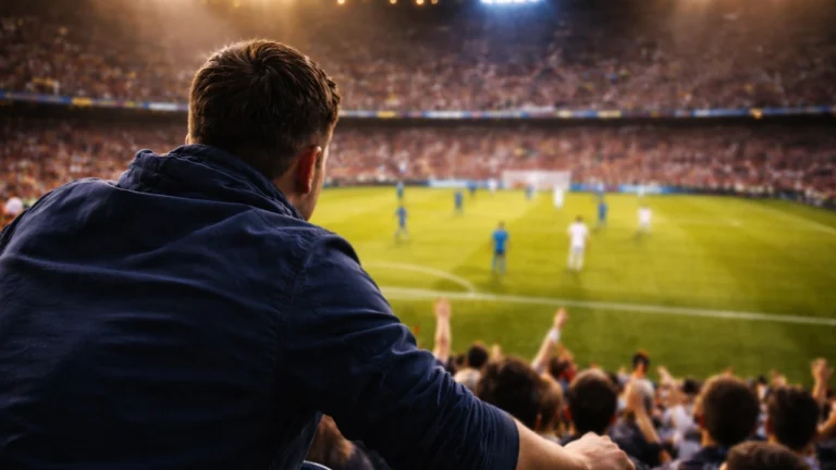 Tifoso che segue una partita di calcio in diretta allo stadio mentre valuta le scommesse live