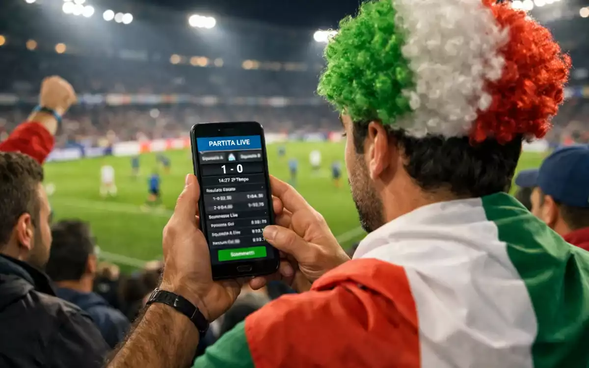 Tifoso allo stadio segue la partita in diretta con smartphone in mano