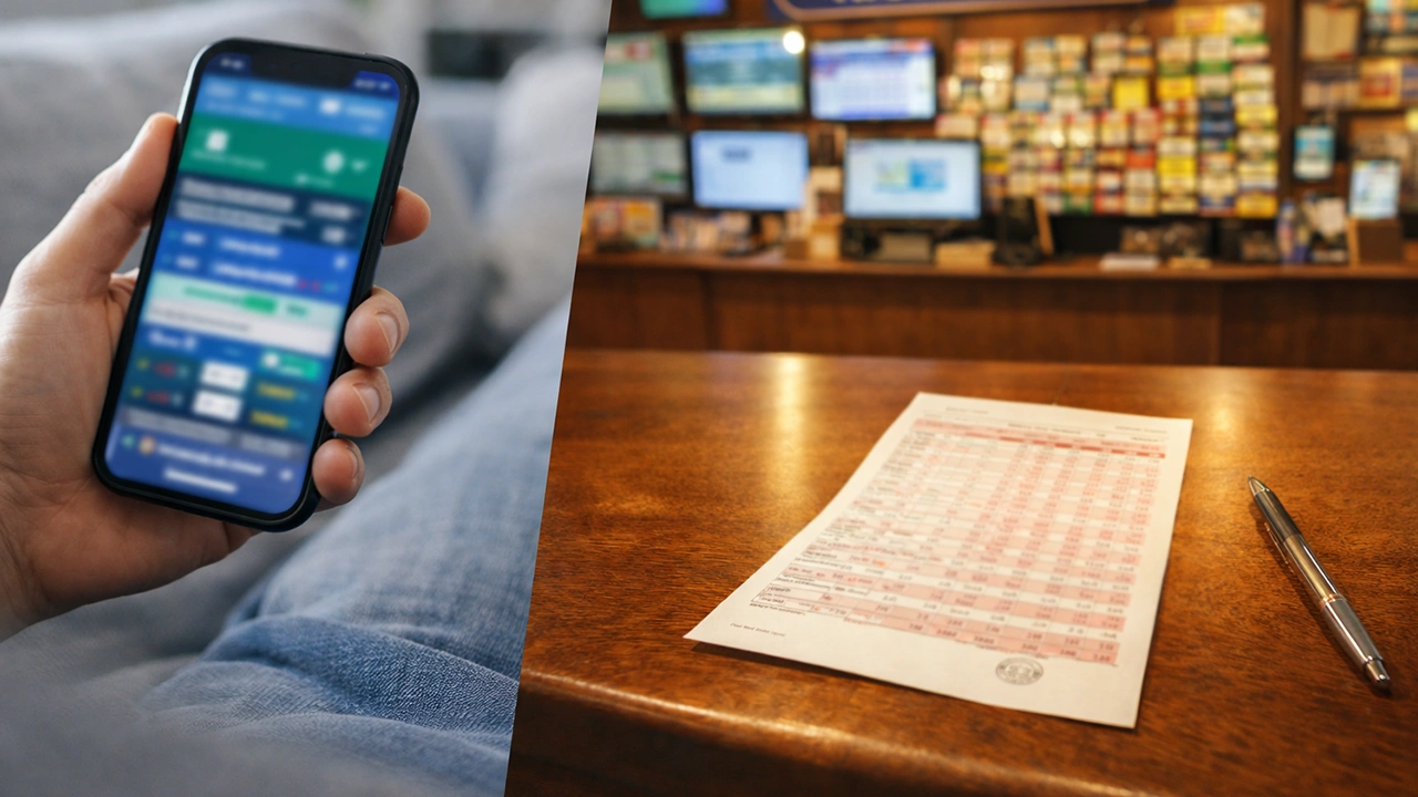 Smartphone con app di scommesse accanto a una schedina cartacea su un tavolo