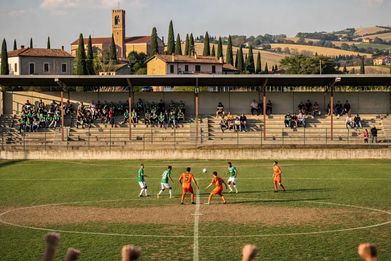 Stadio di calcio di provincia italiano con tribune coperte e campo in erba naturale