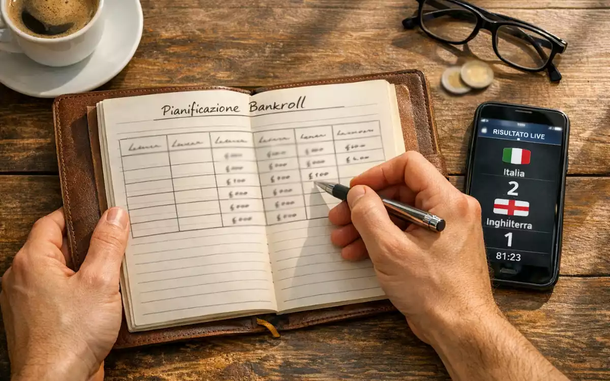 Persona pianifica il proprio budget per le scommesse con appunti e note su un quaderno