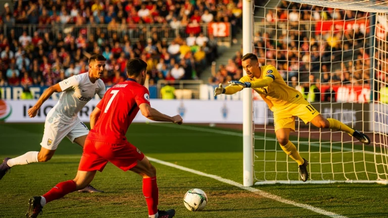 Partita di calcio su campo in erba con giocatori in azione vicino alla porta durante un gol