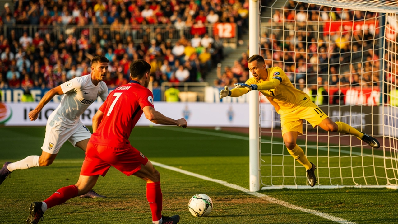 Partita di calcio su campo in erba con giocatori in azione vicino alla porta durante un gol