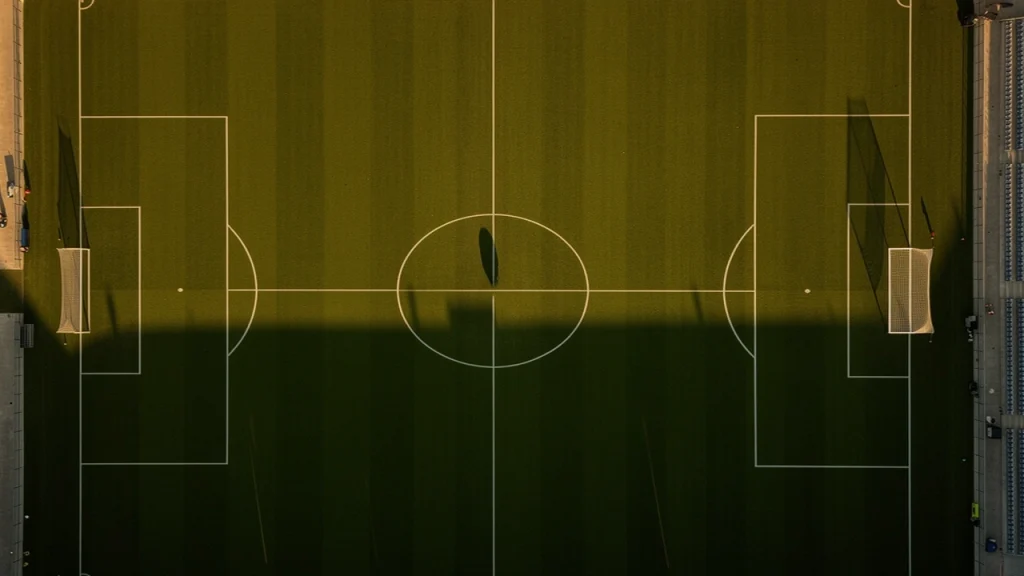 Campo da calcio in erba visto dall'alto con linee bianche e pallone al centro