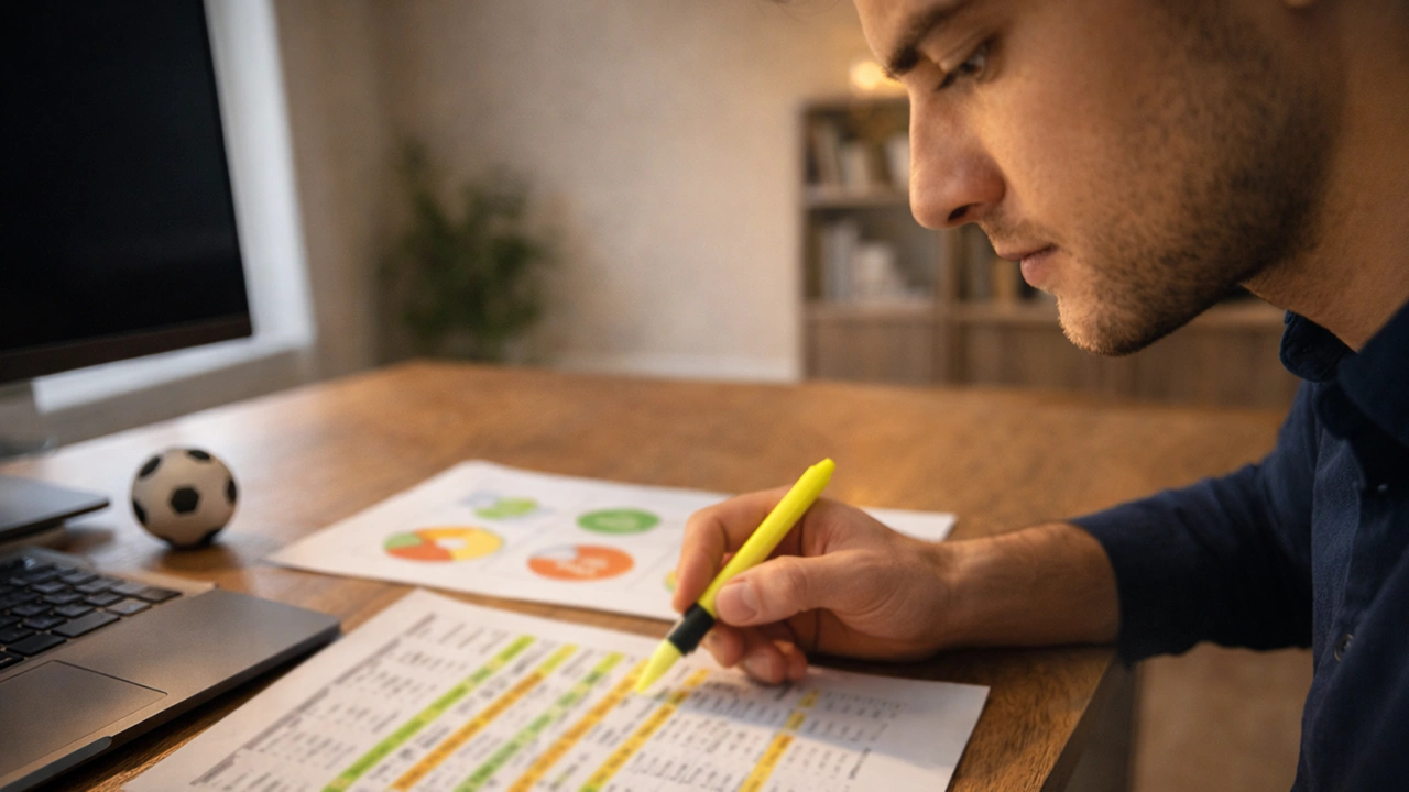 Analista concentrato che studia statistiche di calcio su fogli di appunti per trovare quote di valore